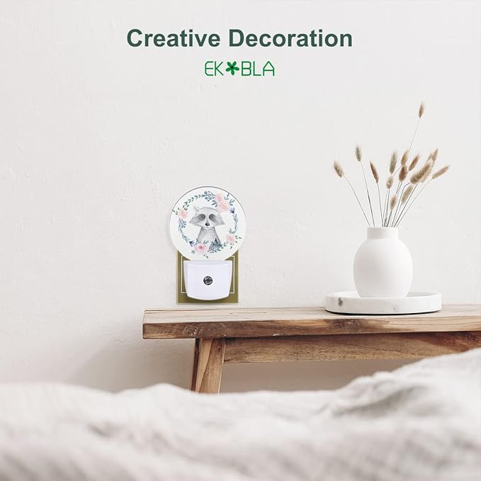 EKOBLA Raccoon Plug-in Night Light, Cute Rock & Roll Raccoon Animal LED Nightlight with Auto Sensor for Adults, Kids & Fun Home Decor