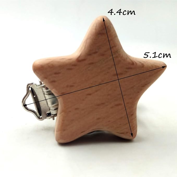 5pcs Natural Wood Suspender Pacifier Clips Cute Beech Wooden Animal Star Shape Clips Charm DIY Beading Pacifier Chain Accessory