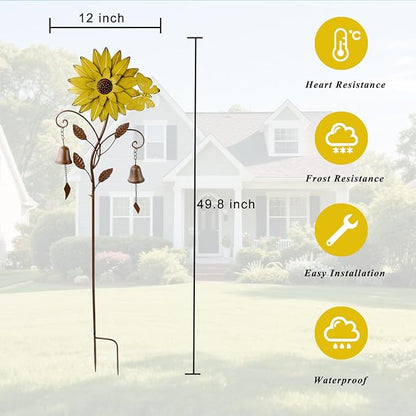 Sunflower Garden Stake with Bells, Decorative Garden Stakes for Garden Yard Patio Decor
