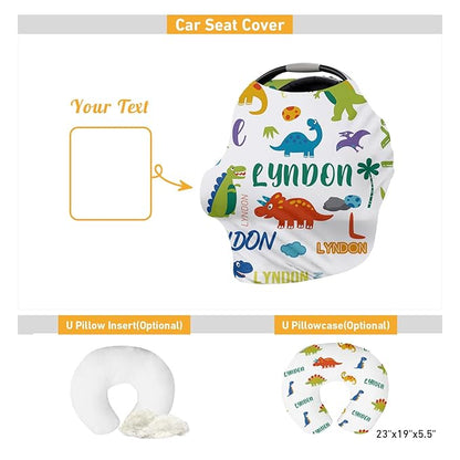Personalised Car Seat Cover for Babies - Multi-use Carseat Canopy Cover with Name, White Dinosaur Print Car Seat Covers, Birthday Gifts for 0-2 Years Infant Boys and Girls(27"x29")