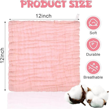 Chumia 30 Pcs Baby Muslin Washcloths Muslin Burp Cloths Baby Towel Natural Cotton Burp Cloths Wipes Soft Newborn Face Towel Absorbent for Face Bath Shower, 12 x 12'' (Light Pink, White, Pink)