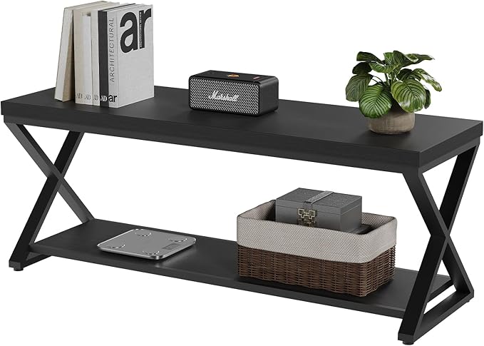 IBF Black Bench, Modern Entryway Bench for Bedroom, Wood Metal Storage Hallway Bench for Dining Living Room, Farmhouse Shoe Rack Indoor Accent Seating Bench for Foyer Entrance, Black Oak, 47 Inch Long