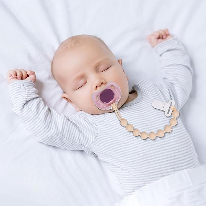 4 Pcs Brown Baby Silicone Teething Pacifier Clip,One-piece Design,Round Shape,Textured Surface,BPA Free.