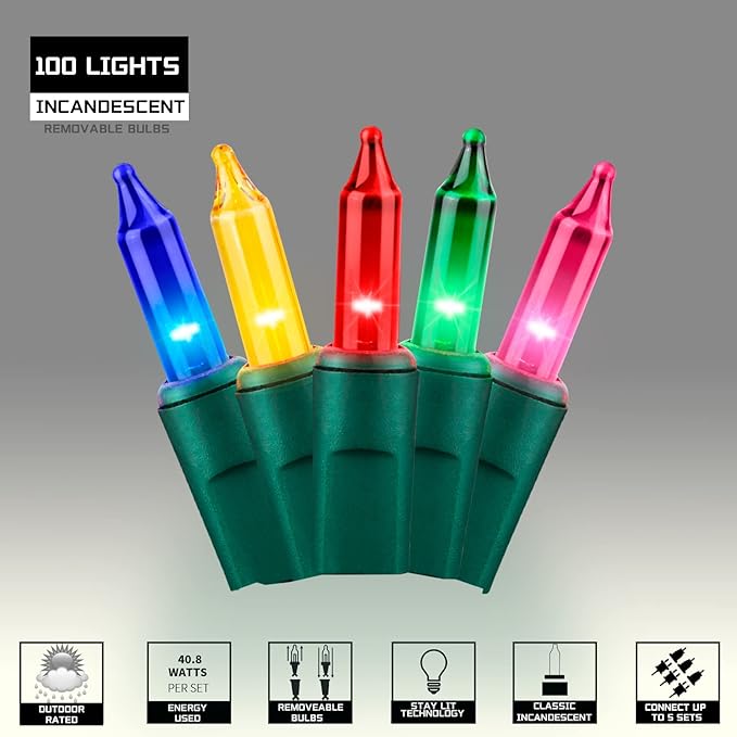 100LIGHTS Multi Extra-Bright with End Connectors Christmas Decorative Lights 5.98m UL Certified Mini String Light Set Waterproof for Home Garden Holiday Christmas Tree Party Patio Wedding