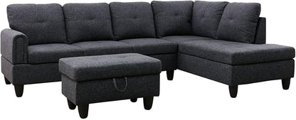 Black Grey L-Shaped 3-Piece Linen Sofa with Storage Ottoman Set, Sectional Couch Sofa Set for Living Room, Office, Small Space