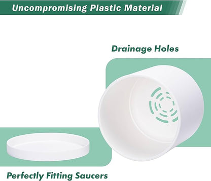 D'vine Dev 2 Pack 5.5 Inch Modern Plastic Plant Pots, Small Garden Planters for Plant with Drainage Holes and Saucers, White Color, 74-Z-H-1