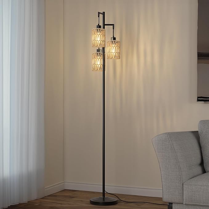 Oneach 68" Floor Lamps for Living Room, Stepless Dimmable Boho Floor Lamp with 3 Bulbs, Tall Farmhouse Industrial Corner Standing Tree Lamp for Bedroom, Office, Study Room, Dining Room, Black