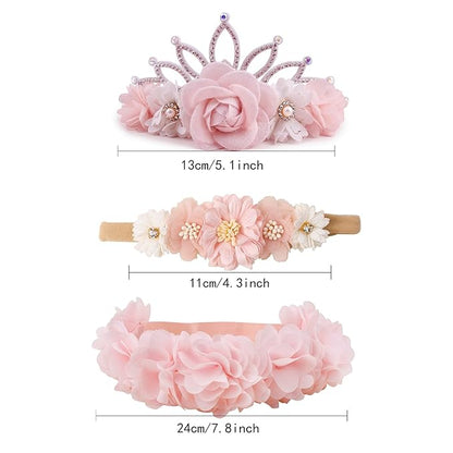 Baby Girl Flower Headbands and Bows, Stretchy Soft Nylon Floral Crown, 3pcs Handmade Hair Accessories for Newborn Infant Toddler