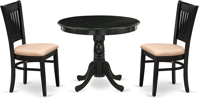 East West Furniture ANVA3-BLK-C 3 Piece Modern Dining Table Set Contains a Round Kitchen Table with Pedestal and 2 Linen Fabric Dining Room Chairs, 36x36 Inch, Black