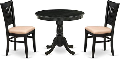 East West Furniture ANVA3-BLK-C 3 Piece Modern Dining Table Set Contains a Round Kitchen Table with Pedestal and 2 Linen Fabric Dining Room Chairs, 36x36 Inch, Black