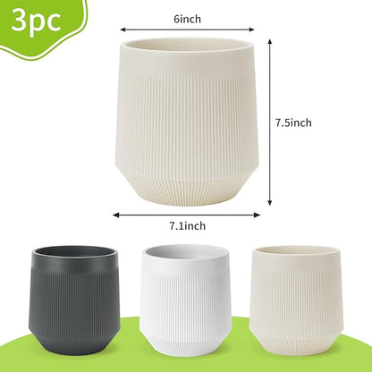Plant Pots，Set of 3 Plastic Pots for Indoor Plants,Flower Pots Outdoor Planters with Drainage Hole and Seamless Saucer, White,Milky-Yellow,Gray