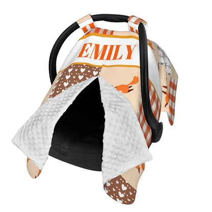 Personalized Baby Car Seat Canopy for Babies, Custom Name Car Seat Covers for Boys and Girls, Opening Minky Nursing Breastfeeding Cover for Infant, Carseat Canopies for Newborn (Cute Fox)