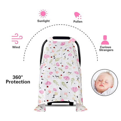 Muslin Baby Car Seat Canopy, Metplus Infant Carseat Cover - Extra Wide Universal Fit, Lightweight Breathable Soft for Babies Girls Shower Gift (Purple Flower)