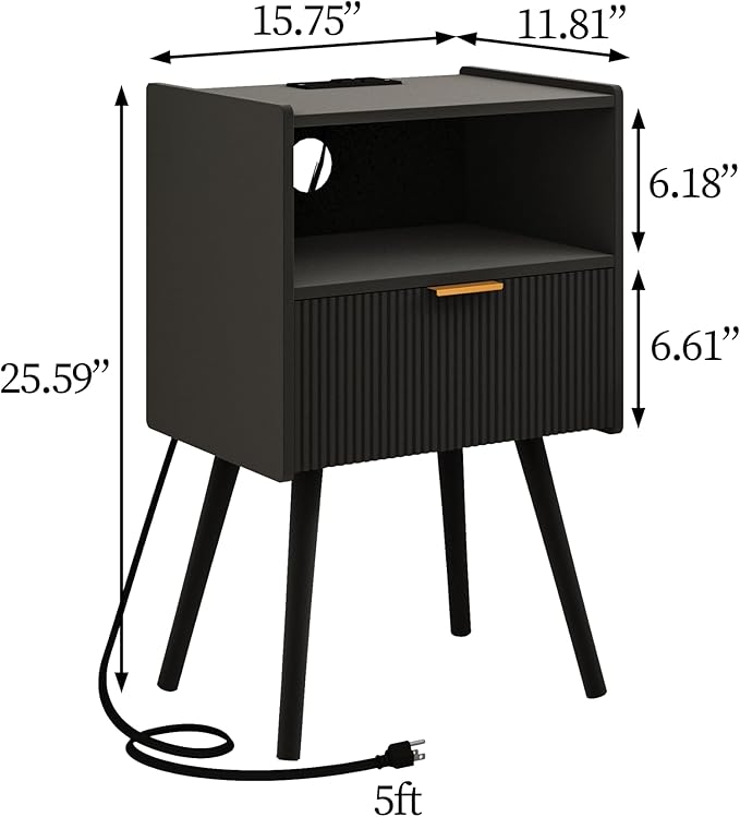 Black Nightstand with Outlet,Modern Bedside Table with Storage Drawer and Open Wood Shelf, for Living Room, Bedroom and Small Spaces, Accent Night Stand with Solid Wood Legs, Easy Assembly