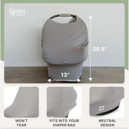 Parker Baby 4 in 1 Car Seat Cover for Girls and Boys - Stretchy Carseat Canopy, Nursing Cover, Grocery Cart Cover, High Chair Cover - “Pewter/Snow Stripes”