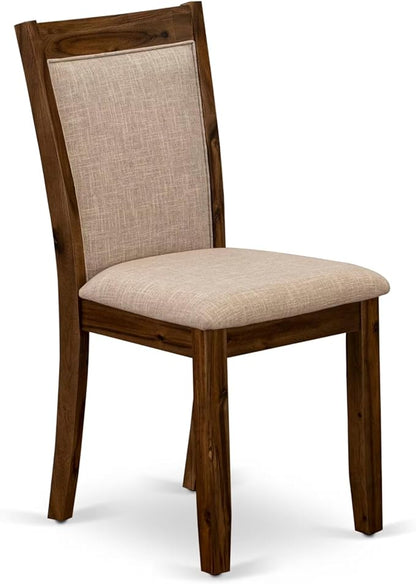 I7MZ5-50N-04 5-Pc Dining Room Set Includes a Pedestal Round Table and 4 Light Tan Polyester Fabric Padded Chairs with Padded Back - Antique Walnut Finish