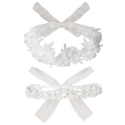 2 Pack 18-20in Elegant White Flower Christening Headbands for Baby Girl, Elastic Soft Lace with Cute Tulle Pearl Hair Strap (Double row of small lace)