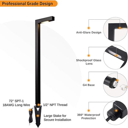 Gardenreet Outdoor Pathway Lights Brass, LED Landscape Path Lights, Low Voltage Driveway Lights Waterproof, L Shape 12V Wired Black for Walkway Sidewalk with 3W 270LM 2700K G4 Bulb 6 Pack