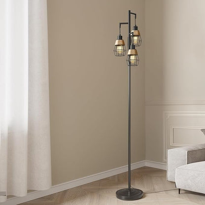 Oneach 68" Floor Lamps for Living Room, Stepless Dimmable Boho Floor Lamp with 3 Bulbs, Tall Farmhouse Industrial Corner Standing Tree Lamp for Bedroom, Office, Study Room, Dining Room, Black