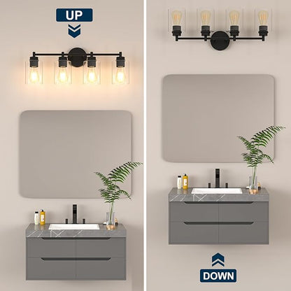 4-Light Bathroom Light Fixtures, Matte Black Modern Vanity Light with Clear Glass Shades, Bathroom Sconce for Mirror Living Room Cabinet Bedroom Porch,E26 Base(Bulbs Not Included)