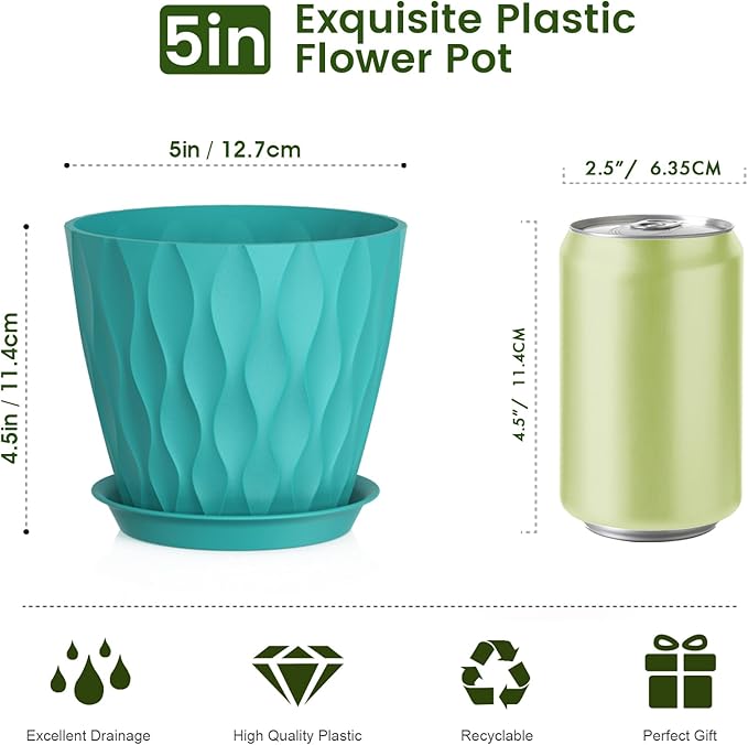 5 inch Plant Pots for Indoor Outdoor Plants, 6 Pack Flower Pots with Drainage Holes and Saucers, 3D Modern Wave Texture Small Plastic Planter Pots for Nursery and House Plants, Blue Green