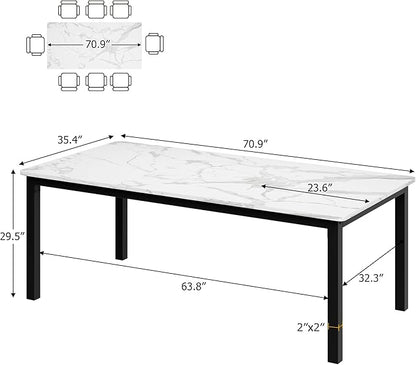 GarveeHome 70.8in Industrial Dining Table for 6, Wooden Long Dinner Table with Mortise Tenon Design, Kitchen Table with Sturdy Metal Legs, for Dining Room Home Office Living Room, White