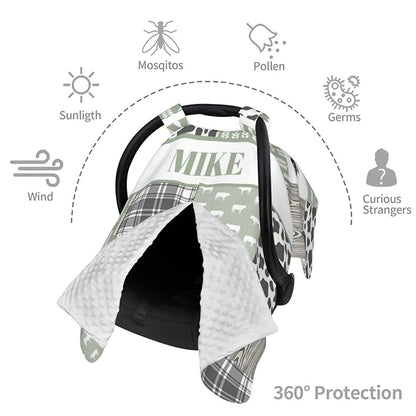 Personalized Baby Car Seat Canopy for Babies, Custom Name Car Seat Covers for Boys and Girls, Opening Minky Nursing Breastfeeding Cover for Infant, Carseat Canopies for Newborn (Farm Theme)