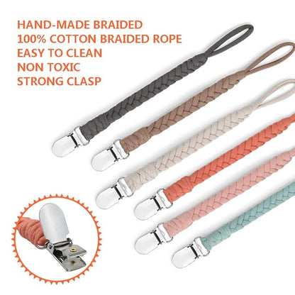 Pacifier Clip for Boys and Girls, Handmade Braided Cotton Baby Pacifier Holder Leash Smoother Clip Fits All Pacifiers Modern Unisex Baby Shower Set 6 Pack