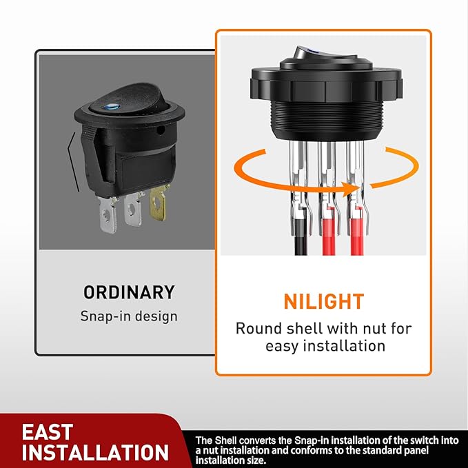 Nilight 1PC Round Rocker Switch with Shell 12V 24V 20A Blue LED Toggle swtich with 16AWG Wires SPST 3Pin 2 Position for Car Truck Vehicle Boat Marine Rocker On Off Control