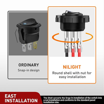Nilight 1PC Round Rocker Switch with Shell 12V 24V 20A Blue LED Toggle swtich with 16AWG Wires SPST 3Pin 2 Position for Car Truck Vehicle Boat Marine Rocker On Off Control