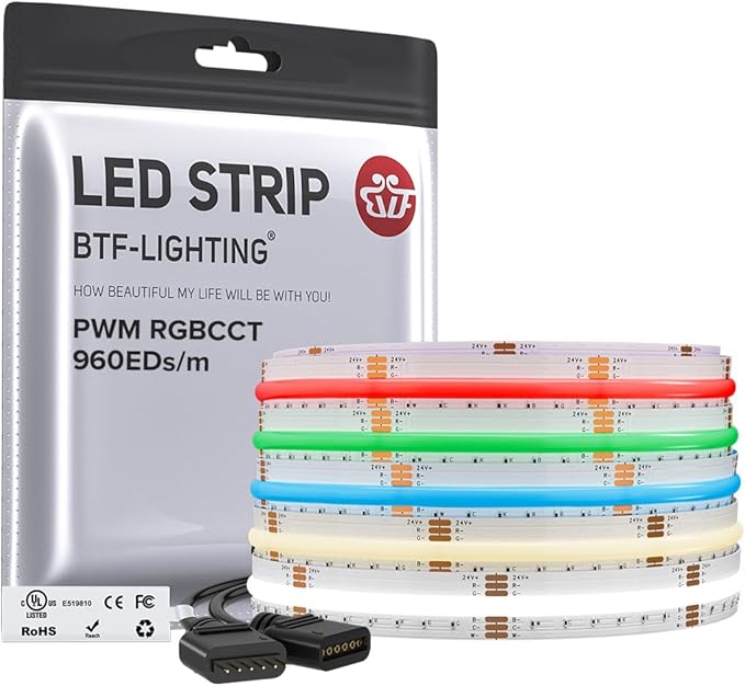 BTF-LIGHTING FCOB COB RGBCCT Color Changing LED Strip,UL Listed 960LED/m High Density 16.4FT RGB+Tunable White 3000K-6000K DC12V 12mm Width Flexible Light for Home Decor(No Adapter or Controller)