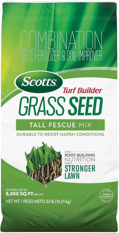 Scotts Turf Builder Grass Seed Tall Fescue Mix with Fertilizer and Soil Improver, Resists Harsh Conditions, 32 lbs.
