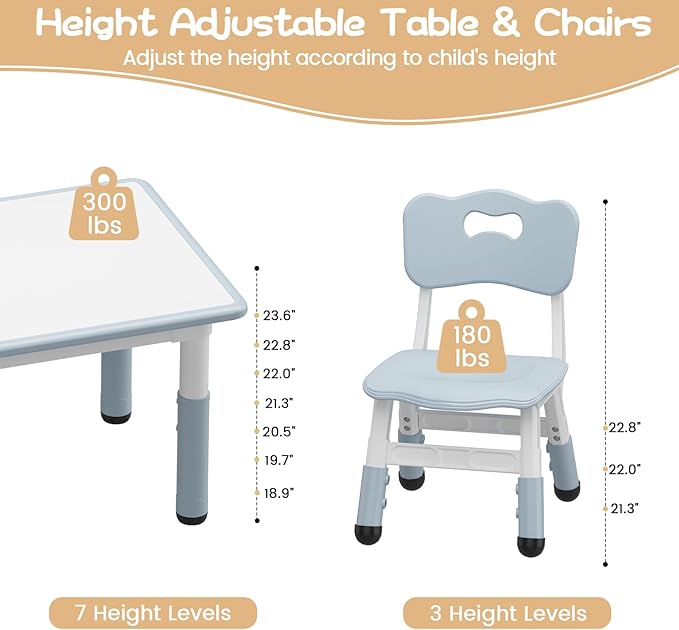 GarveeHome Kids Table and 4 Chairs Set, Height Adjustable Toddler Table and Chair Set, Graffiti Desktop, Children Study Table for Home Daycare Preschool for Ages 2-8