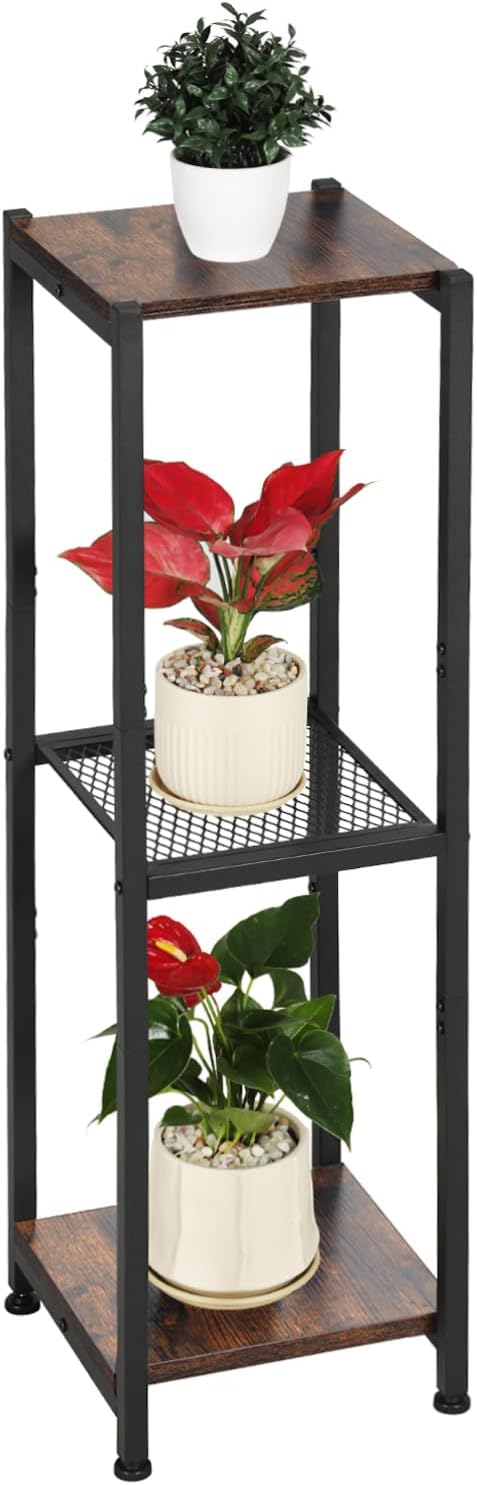Extra Tall Plant Stand Indoor,40 Inch Plant Stands,3 Tier Metal Plant Stand with Heavy Duty Wood and Metal Mesh Shelf,Rustic Brown and Black