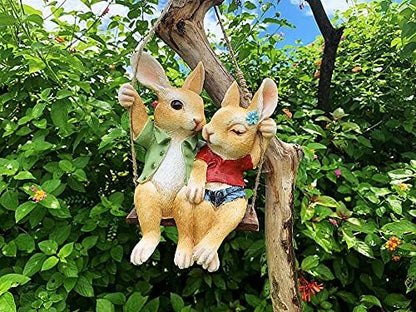 iRonrain Garden Statue Swing Bunny Couples, Indoor Outdoor Hanging Rabbits Lover Sculpture Funny Simulation Art Décor Figurine Ornament for Fence Pathway Backyard Landscape Tree Decorations
