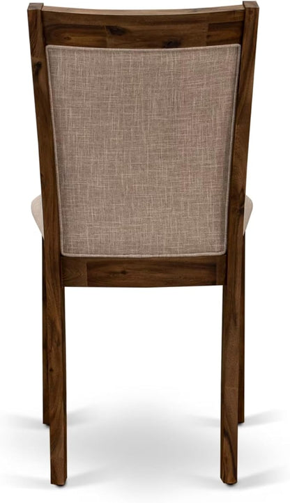 I7MZ5-50N-04 5-Pc Dining Room Set Includes a Pedestal Round Table and 4 Light Tan Polyester Fabric Padded Chairs with Padded Back - Antique Walnut Finish