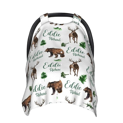 Personalized Baby Car Seat Canopy for Babies, Custom Name Woodland Deer Bear Baby Car Seat Covers for Boys Girls, Opening Minky Nursing Breastfeeding Cover for Infant, Carseat Canopies for Newborn