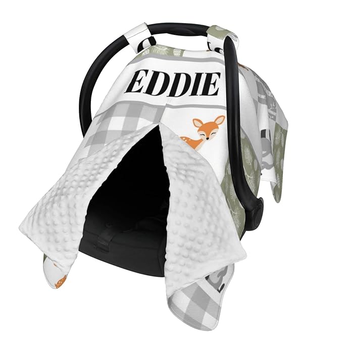 Personalized Baby Car Seat Canopy for Babies, Custom Name Car Seat Covers for Boys and Girls, Opening Minky Nursing Breastfeeding Cover for Infant, Carseat Canopies for Newborn (Woodland Animals)