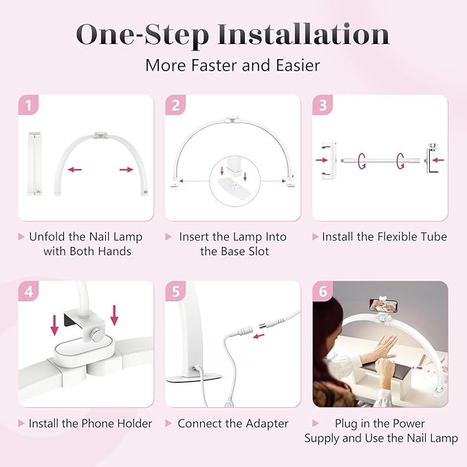Yokilly Half Moon Light for Nail Desk: 23" Foldable Half Moon Desk Lamp with Phone Holder for Beginner - Arch Nail Tech Light with 3 Color Modes & 10 Brightness for Manicure Salon (White, Small)