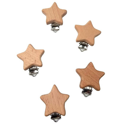 5pcs Natural Wood Suspender Pacifier Clips Cute Beech Wooden Animal Star Shape Clips Charm DIY Beading Pacifier Chain Accessory