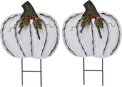 Veclotch 2set Pumpkin Garden Stake Metal Yard Sign Fall Decor, Decorative Decor Outdoor Stakes for Autumn Harvest Thanksgiving Halloween Rustic Decoration Home (White, 17''H)
