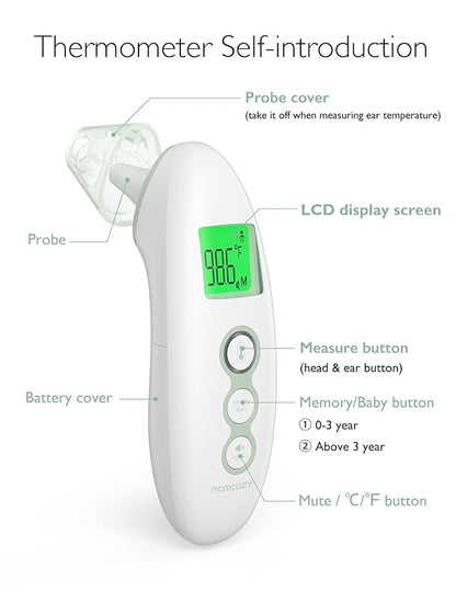 Momcozy Non-Contact Forehead and Ear Thermometer, Digital Infrared Thermometer for Adults and Children, with Child Mode, Fever Alarm Function, Mute and Memory Functions, Fast and Accurate Measurement