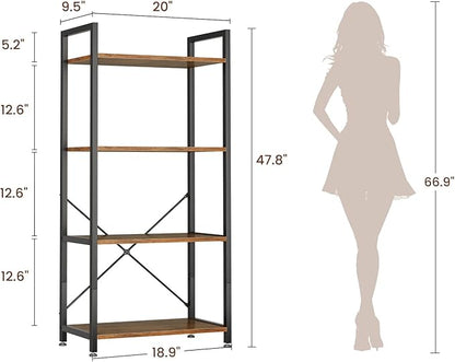 Casaottima Book Shelf, 4 Tier Bookshelf, Modern Wood Bookcase Shelves for Bedroom, Industrial Display Shelf for Living Room Home Office Kitchen, Standing Shelving Unit Storage Organizer, Vintage