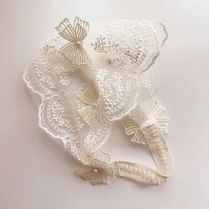 Baby Girls Headband Lacy Bow Pearl Wide Hair Band Turban for Infants Newborn Toddler Floral Ivory Elastic Head Wrap Breathable Sun Bonnet Hair Accessories (Ivory B)