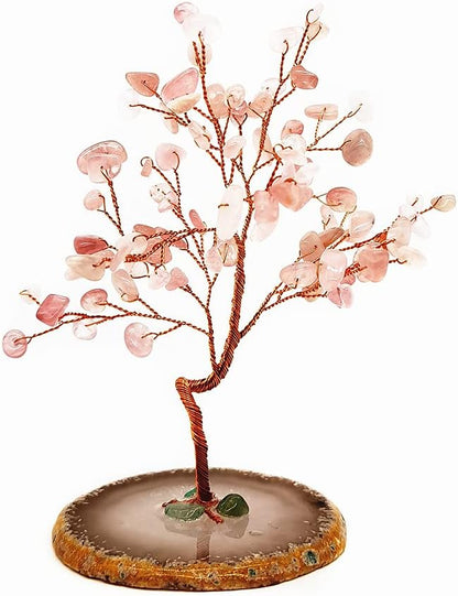 Quartz Crystal Feng Shui Money Tree Natural Agate Flakes Geode Base Bonsai Style Decoration for Luck and Wealth 3.6"- 4.6" (Pink)