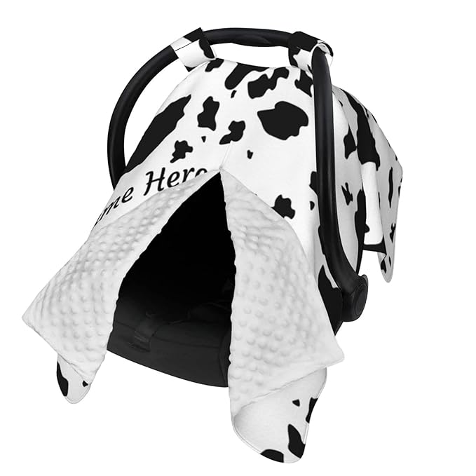 Personalized Cow Baby Car Seat Canopy for Babies with Name, Custom Car Seat Covers Boys Girls, Peekaboo Opening Minky Nursing Breastfeeding Cover Infant Car Seat Canopies for Newborn