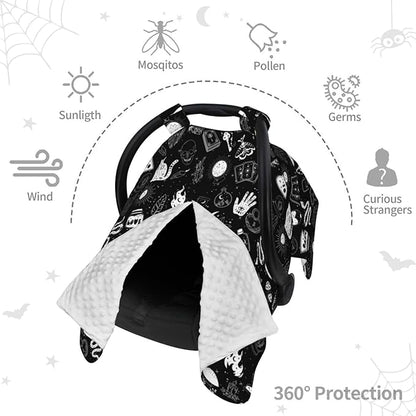 Goth Carseat Covers Baby, Gothic Winter Carseat Cover for Baby, Minky Baby Car Seat Cover for Boy & Girl, Peekaboo Opening Car Seat Canopy for Newborn, Multi Use Mom Nursing Cover, Gothic