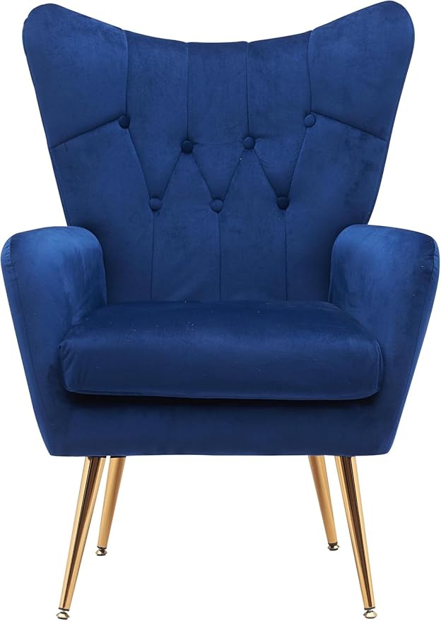 Container Furniture Direct Modern Chic Mid-Century Velvet Accent Armchair for Living Room, Bedroom, or Home Office, Button-Tufted Wingback Design with Gold Flared Legs, Navy Blue