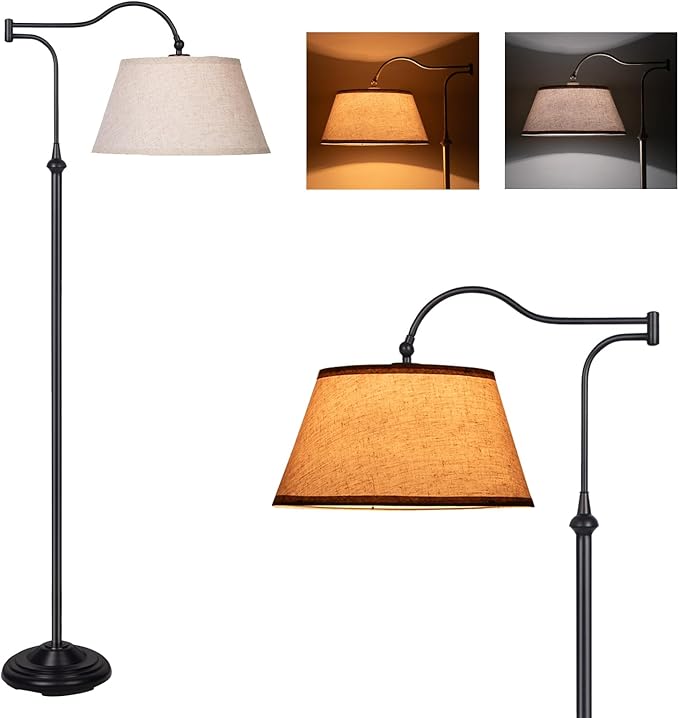 Cantilever Floor Lamp, Standing Chandelier Floor Lamp with 180° Adjustable Swing Arm, Modern Floor Lamps with Linen Shade,Classic Lamp for Living Room Office Bedroom Reading(Black)