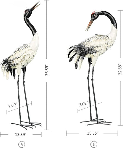 chisheen Garden Crane Statues Outdoor Heron Red Crowned Crane Metal Yard Art Sculpture,Set of 2